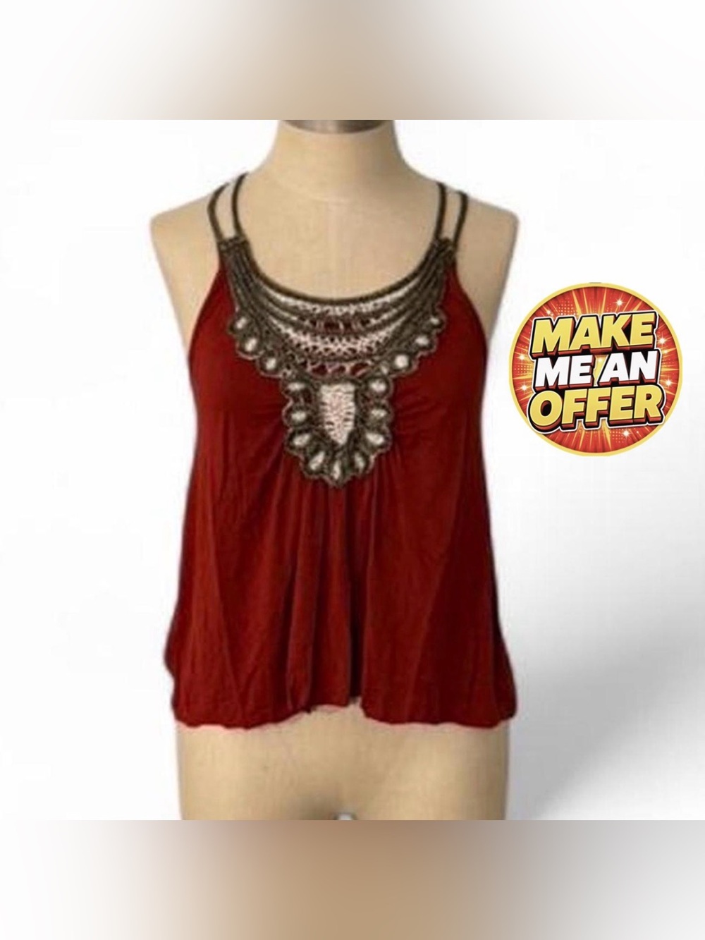 New Women's Rust Embellished Crop Tank Top - Boho Crochet Detail - SZ M